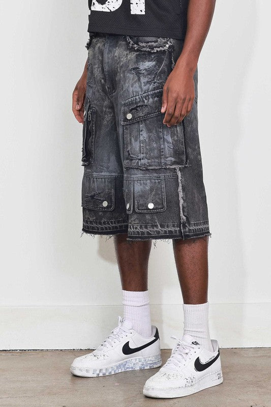 Washed Multi Cargo Denim Jorts