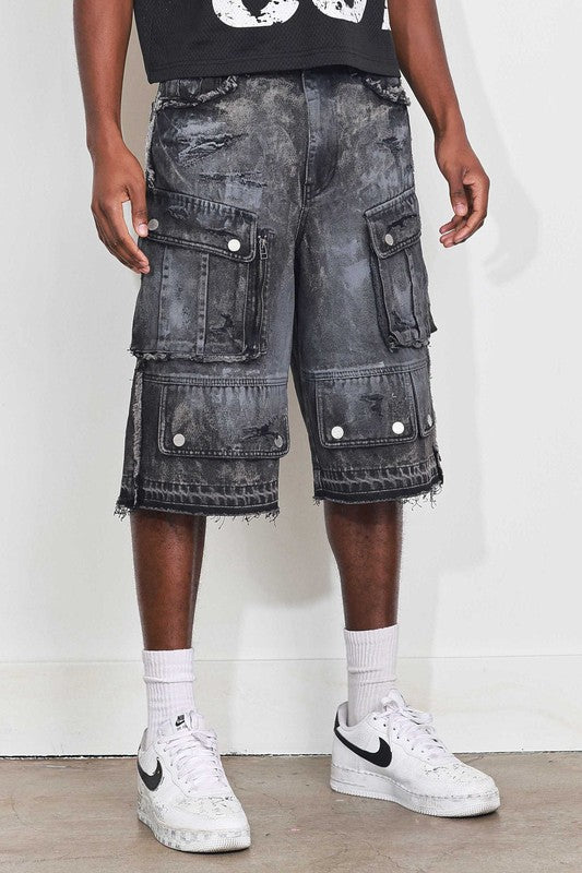 Washed Multi Cargo Denim Jorts