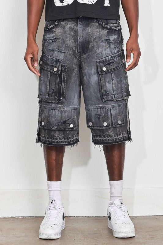 Washed Multi Cargo Denim Jorts