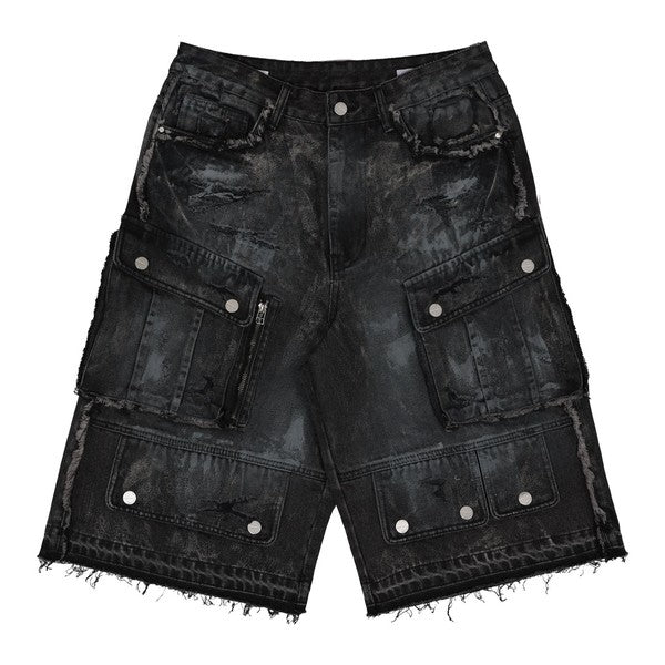 Washed Multi Cargo Denim Jorts