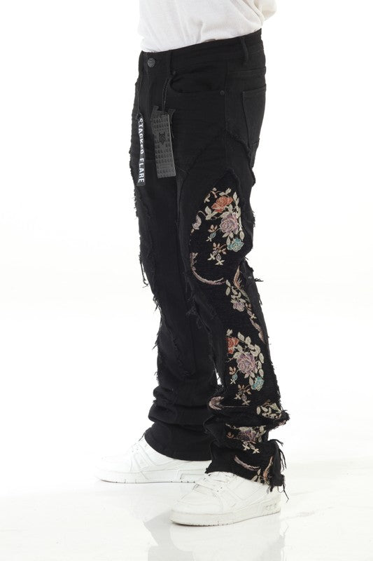 Black Denim Tapestry Stack Flare