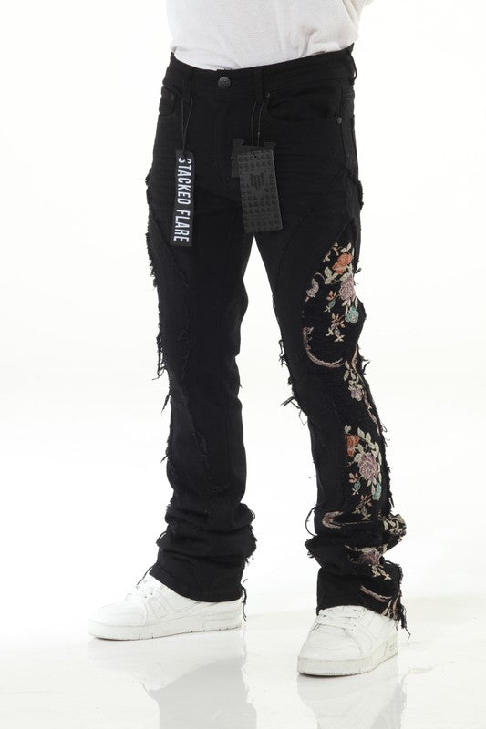 Black Denim Tapestry Stack Flare