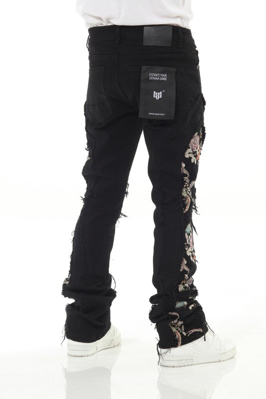 Black Denim Tapestry Stack Flare