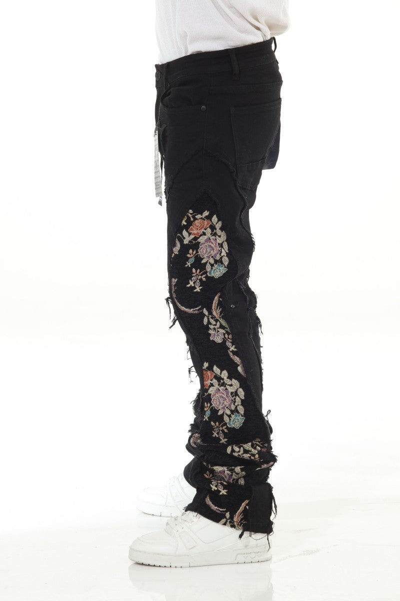 Black Denim Tapestry Stack Flare