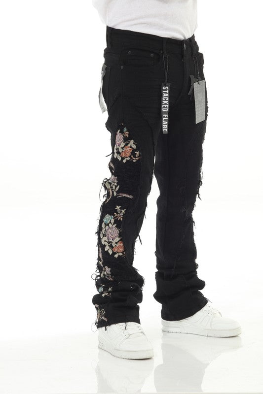 Black Denim Tapestry Stack Flare